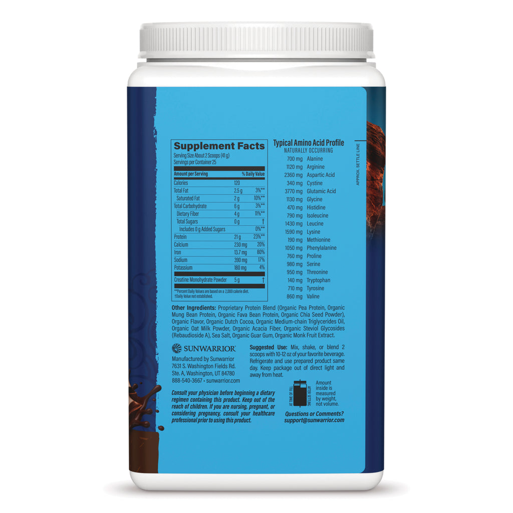 SNW071 | Back label of Sunwarrior supplement with Supplement Facts, amino acid profile, ingredients, and suggested use - Thumbnail