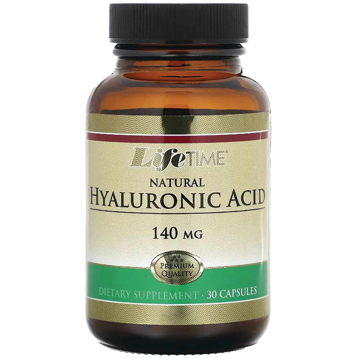 LFT020 | amber bottle labeled Lifetime Natural Hyaluronic Acid 140 MG dietary supplement, 30 capsules