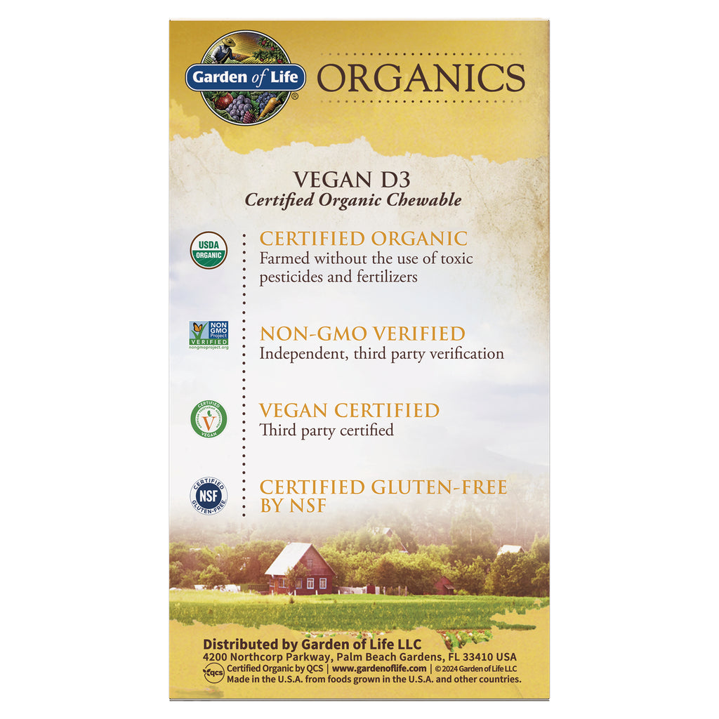 GLF218 | Back panel of Garden of Life Organics Vegan D3 chewable showing certifications USDA Organic, Non-GMO Verified, Vegan Certified, NSF gluten-free - Thumbnail