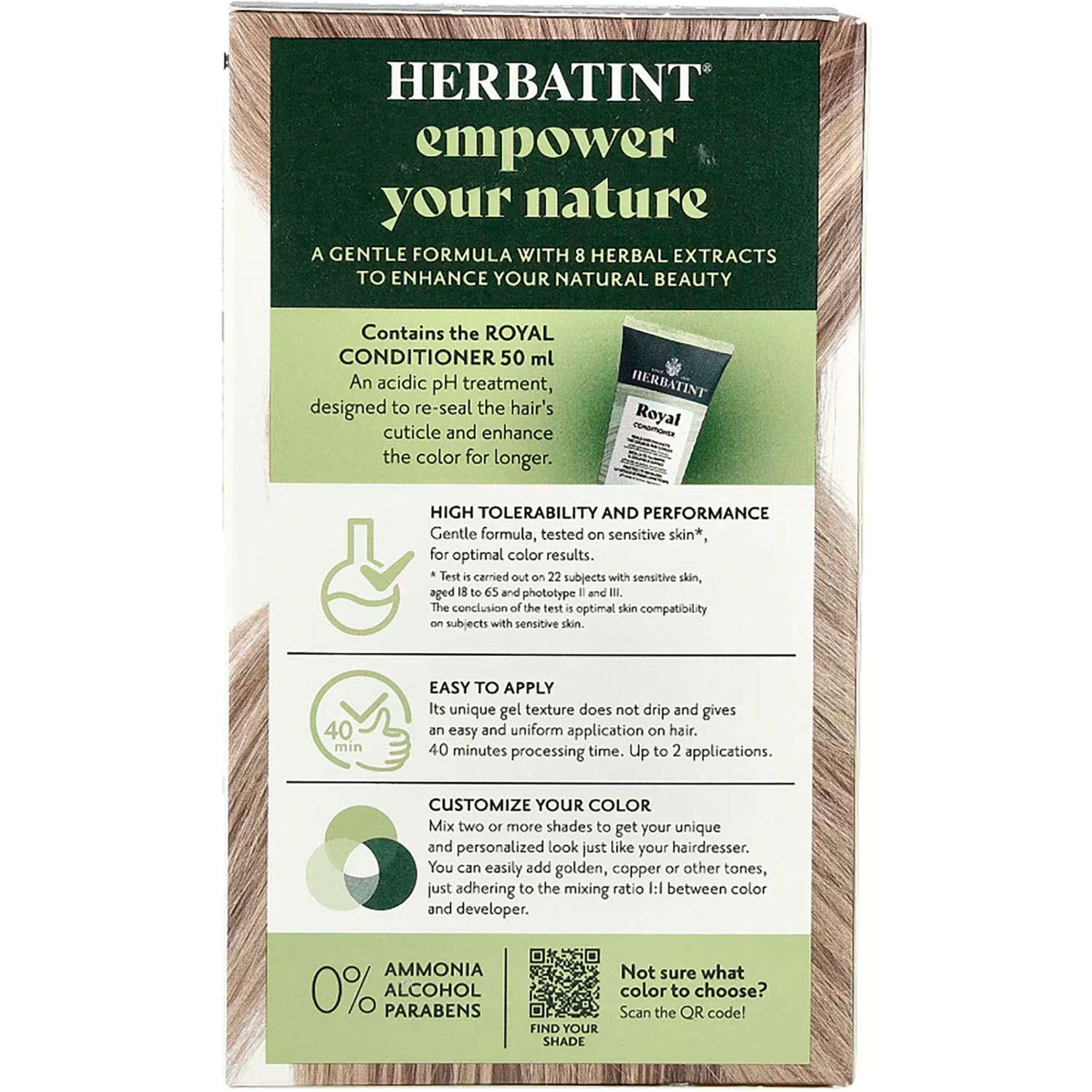 HBT007 | Back of Herbatint hair color box with conditioner details, usage icons, and 0% ammonia alcohol parabens claims