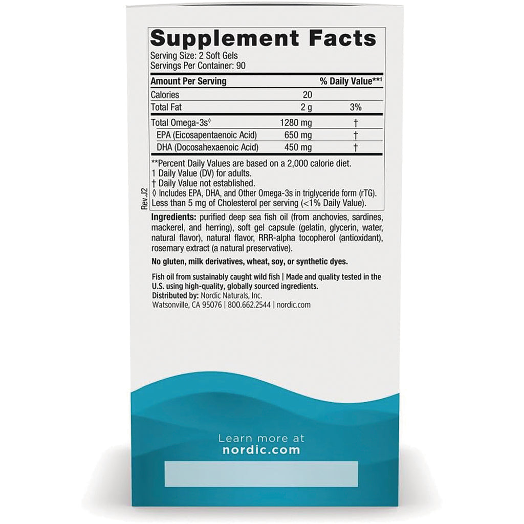 NRN009 | Supplement Facts panel and ingredient list on white teal Nordic Naturals box showing serving size and omega-3 amounts - Thumbnail