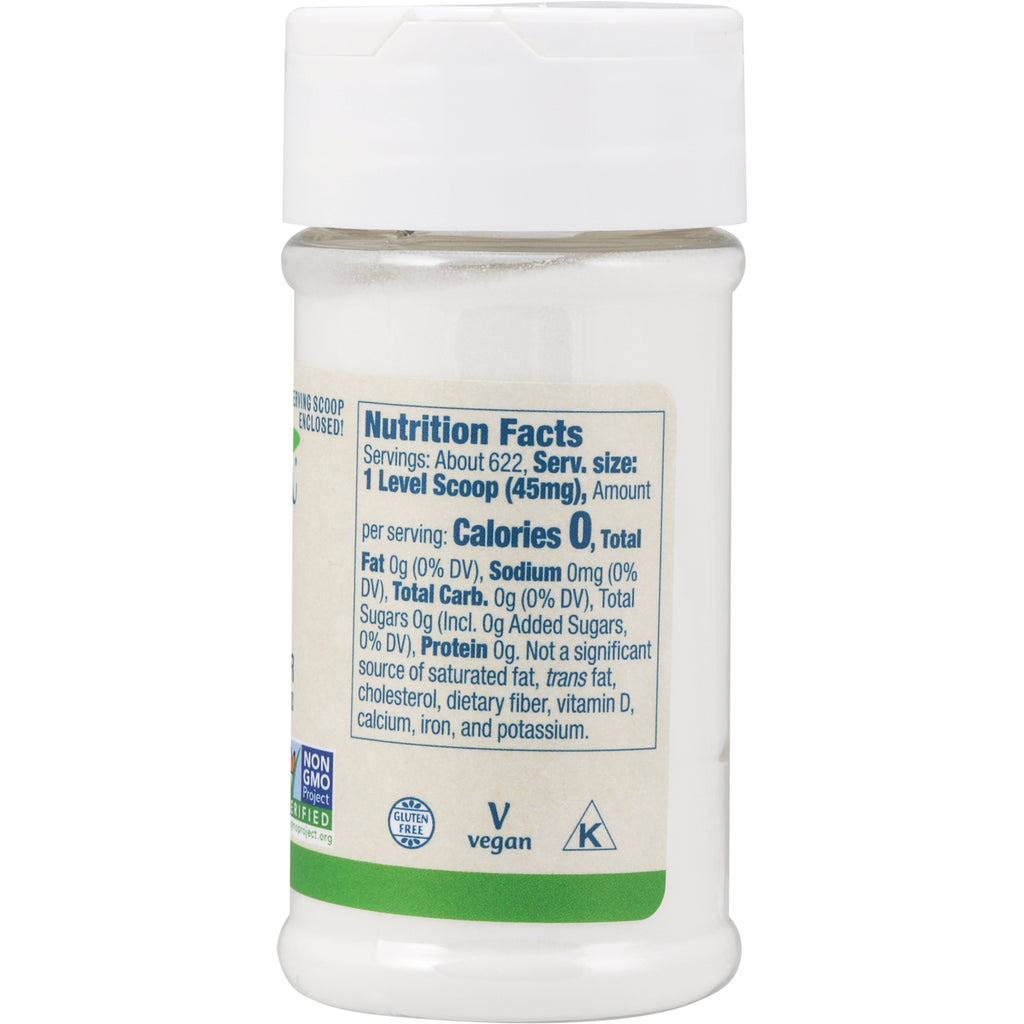 NWF097 | Back label with Nutrition Facts showing serving size 1 Level Scoop (45mg), Calories 0, vegan and gluten free icons - Thumbnail