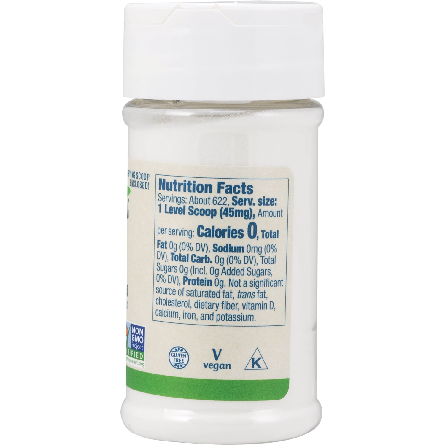 NWF097 | Back label with Nutrition Facts showing serving size 1 Level Scoop (45mg), Calories 0, vegan and gluten free icons