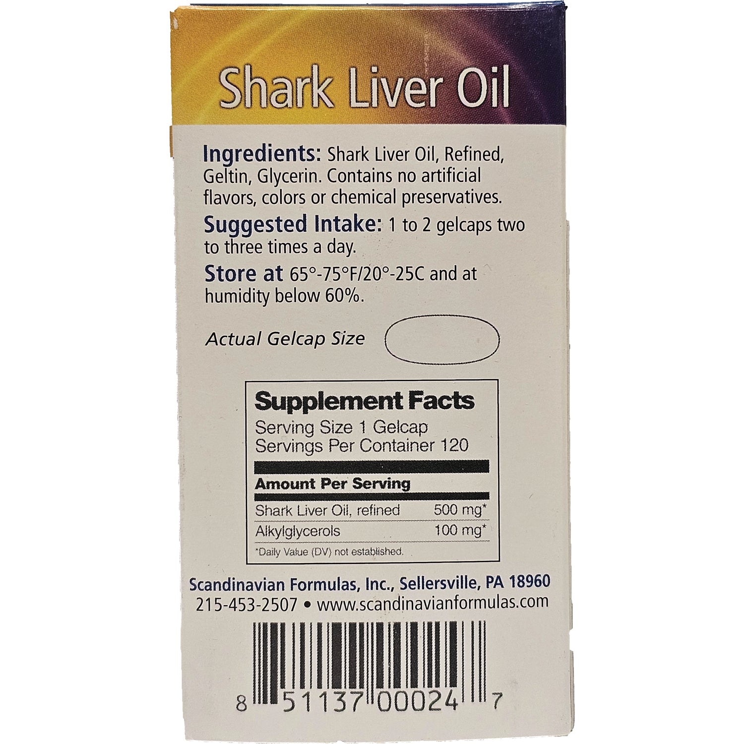 SCD005 | Back of Shark Liver Oil box showing ingredients, suggested intake, storage instructions and Supplement Facts label