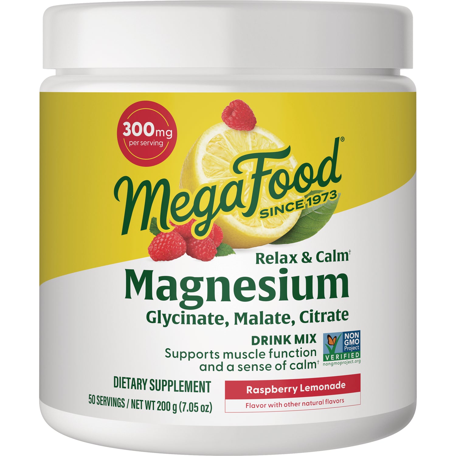 MGF130 | MegaFood Magnesium Glycinate, Malate, Citrate drink mix jar, raspberry lemonade flavor, front label showing 300 mg per serving