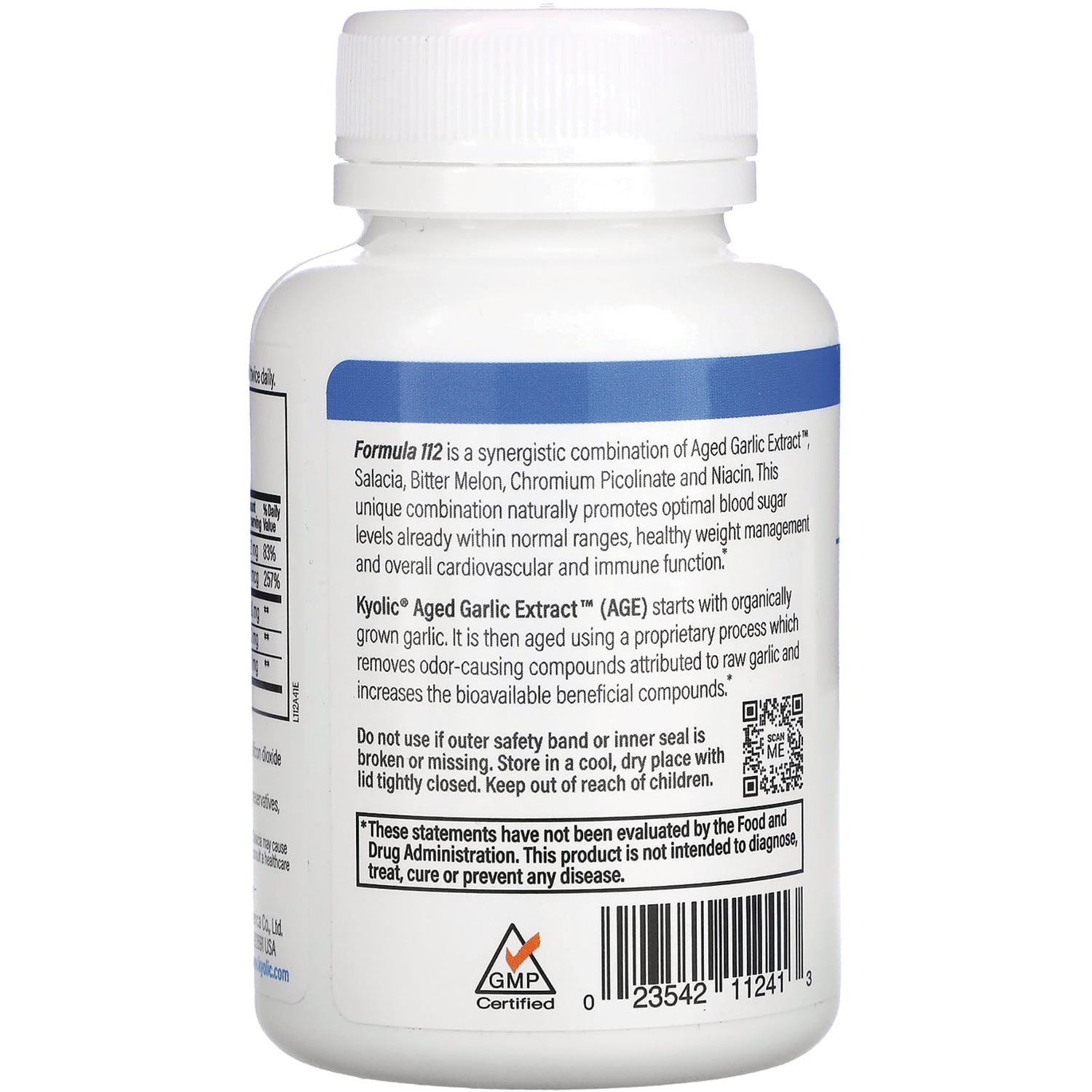 KY121 | back label of white supplement bottle showing Formula 112 description, warnings, QR code and barcode