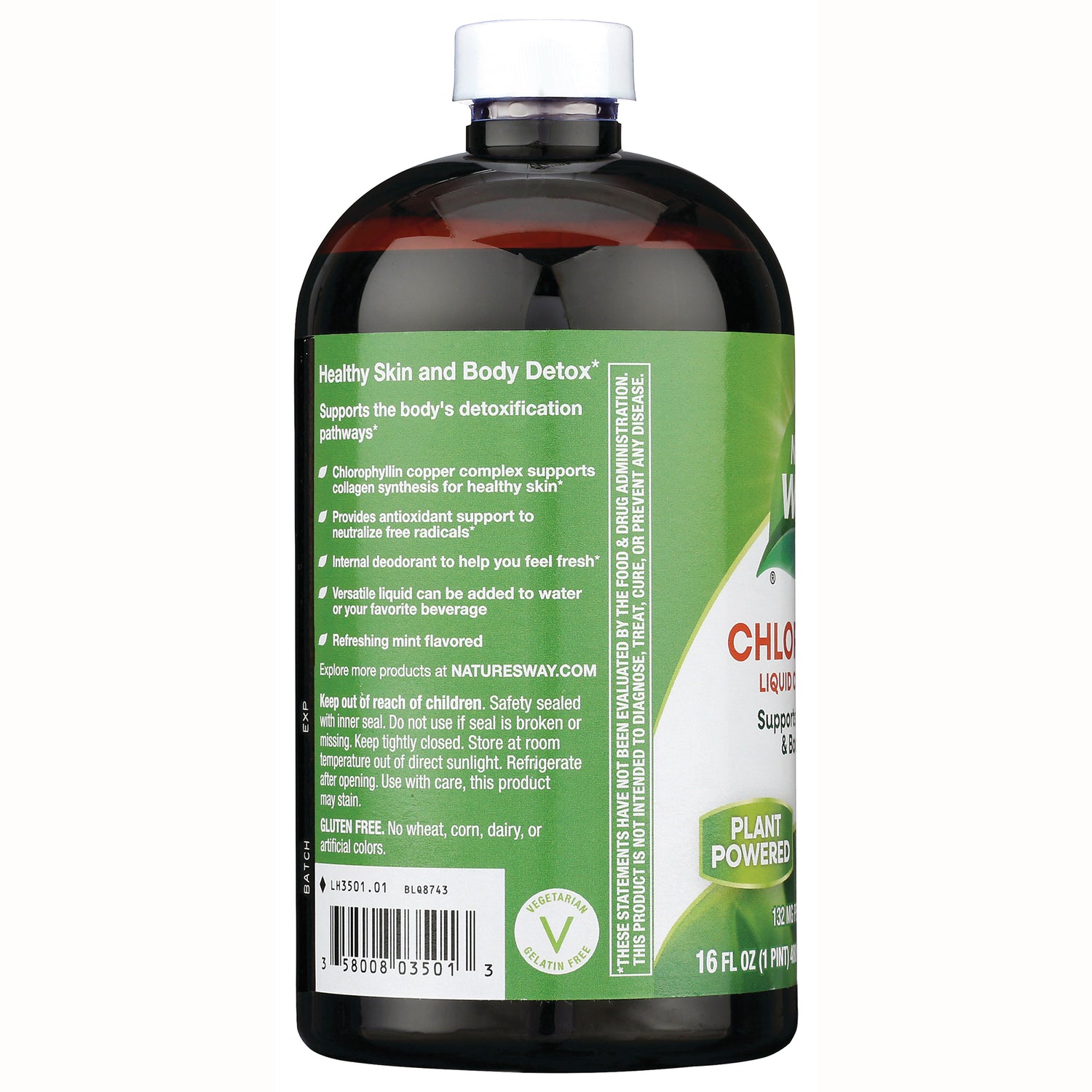 NW813 | Back label of brown supplement bottle showing green benefits panel, usage directions, barcode and plant powered badge