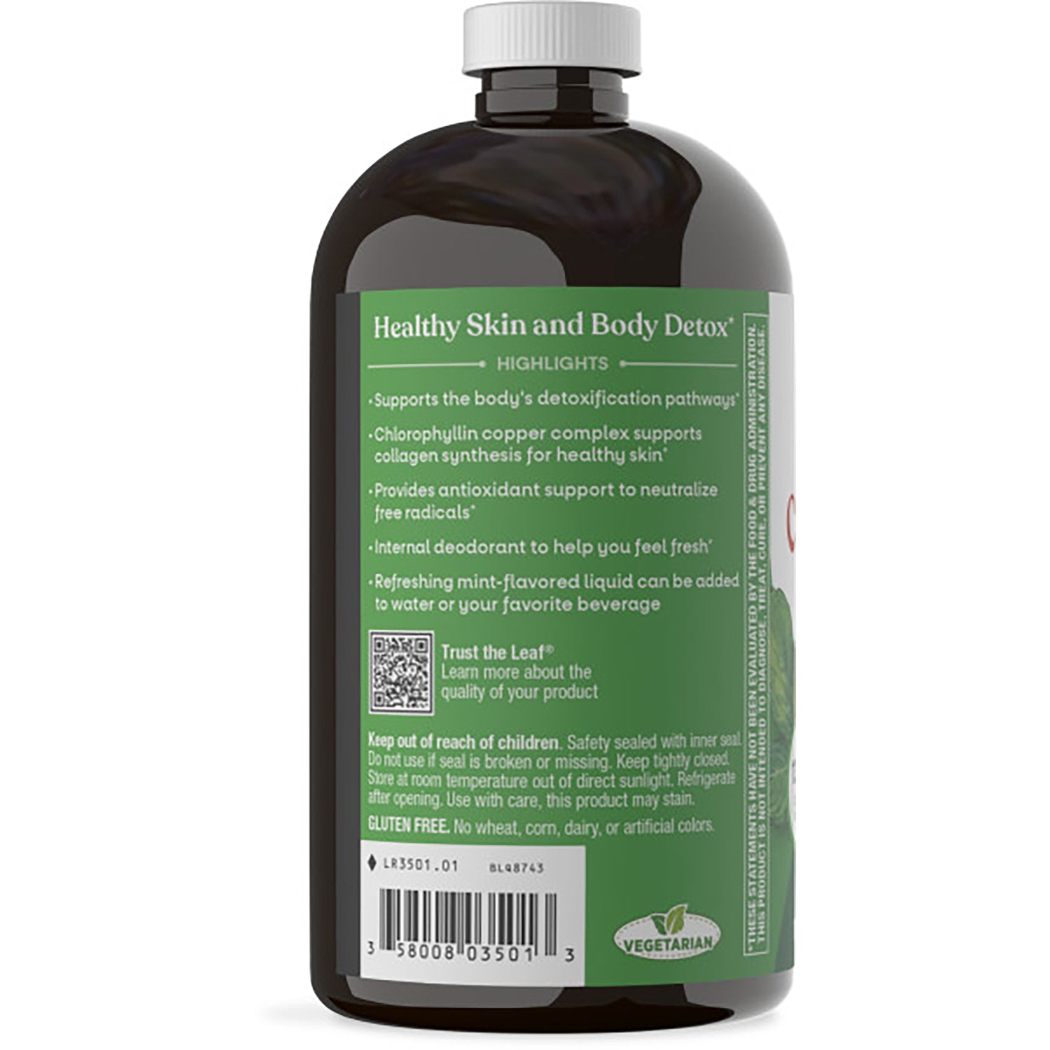 NW813 | Back label of brown supplement bottle showing green benefits panel, usage directions, barcode and plant powered badge