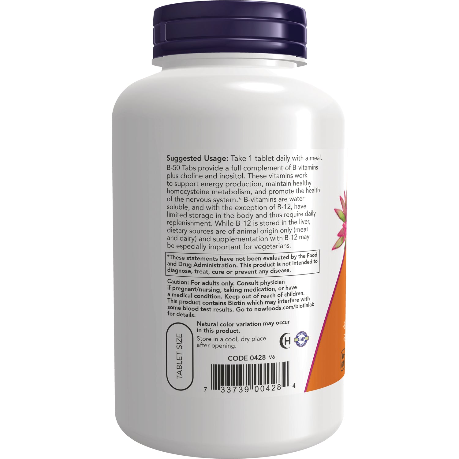 NWF857 | Back label of white supplement bottle showing suggested usage, cautions and barcode