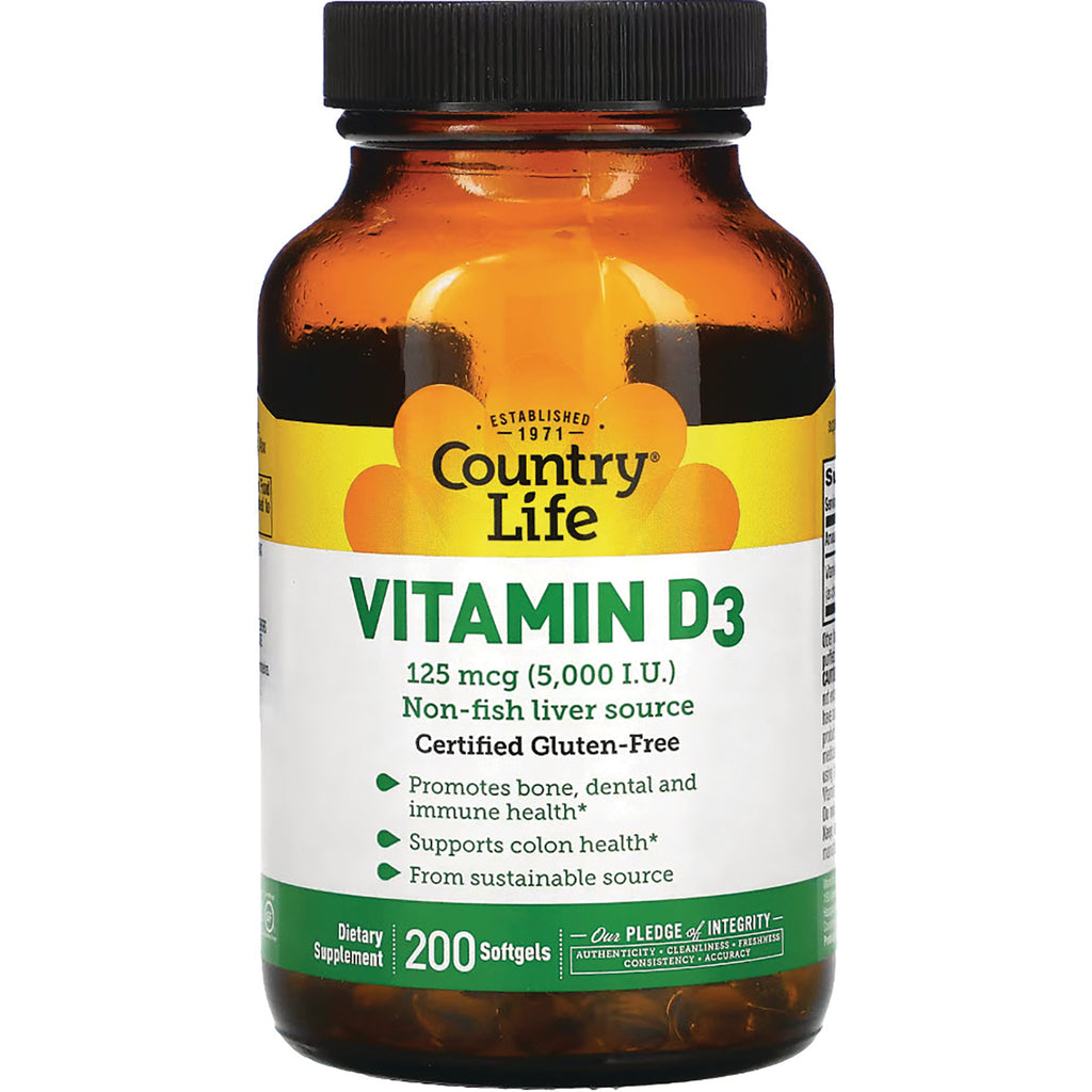 CRL453 | Country Life Vitamin D3 125 mcg (5,000 I.U.) 200 softgels amber bottle front label - Thumbnail