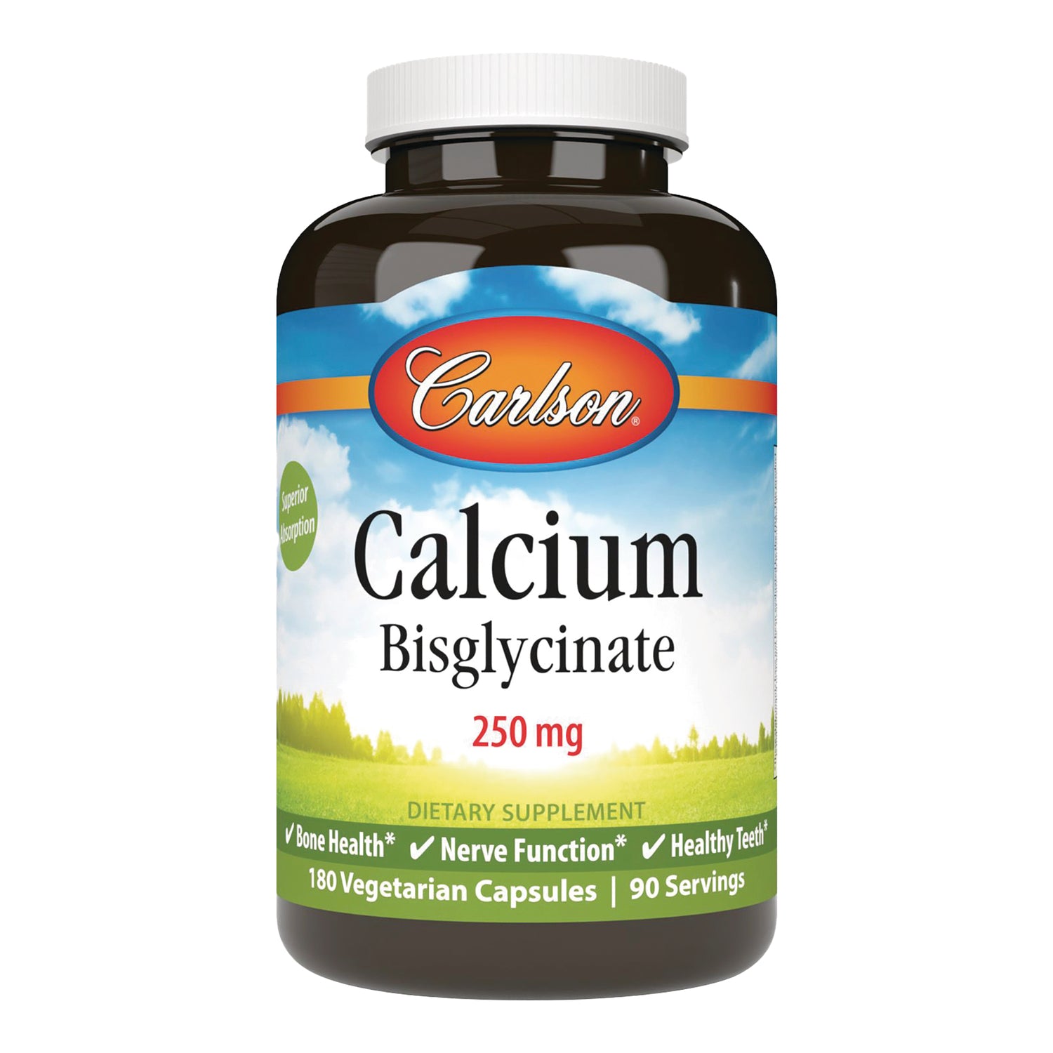 CSN326 | Carlson Calcium Bisglycinate 250 mg bottle labeled 180 vegetarian capsules