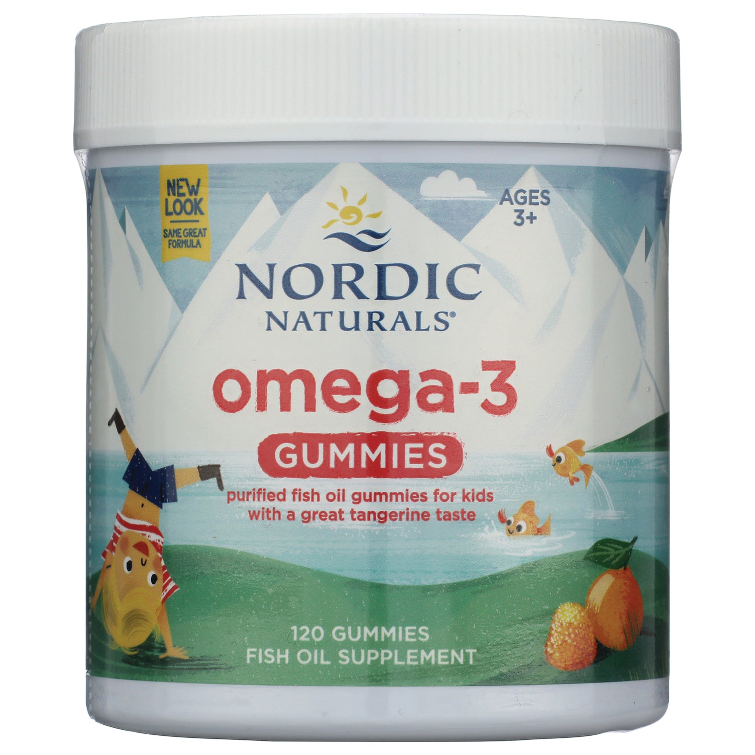 NRN059 | Nordic Naturals omega-3 gummies white jar front label showing 120 gummies and tangerine illustration