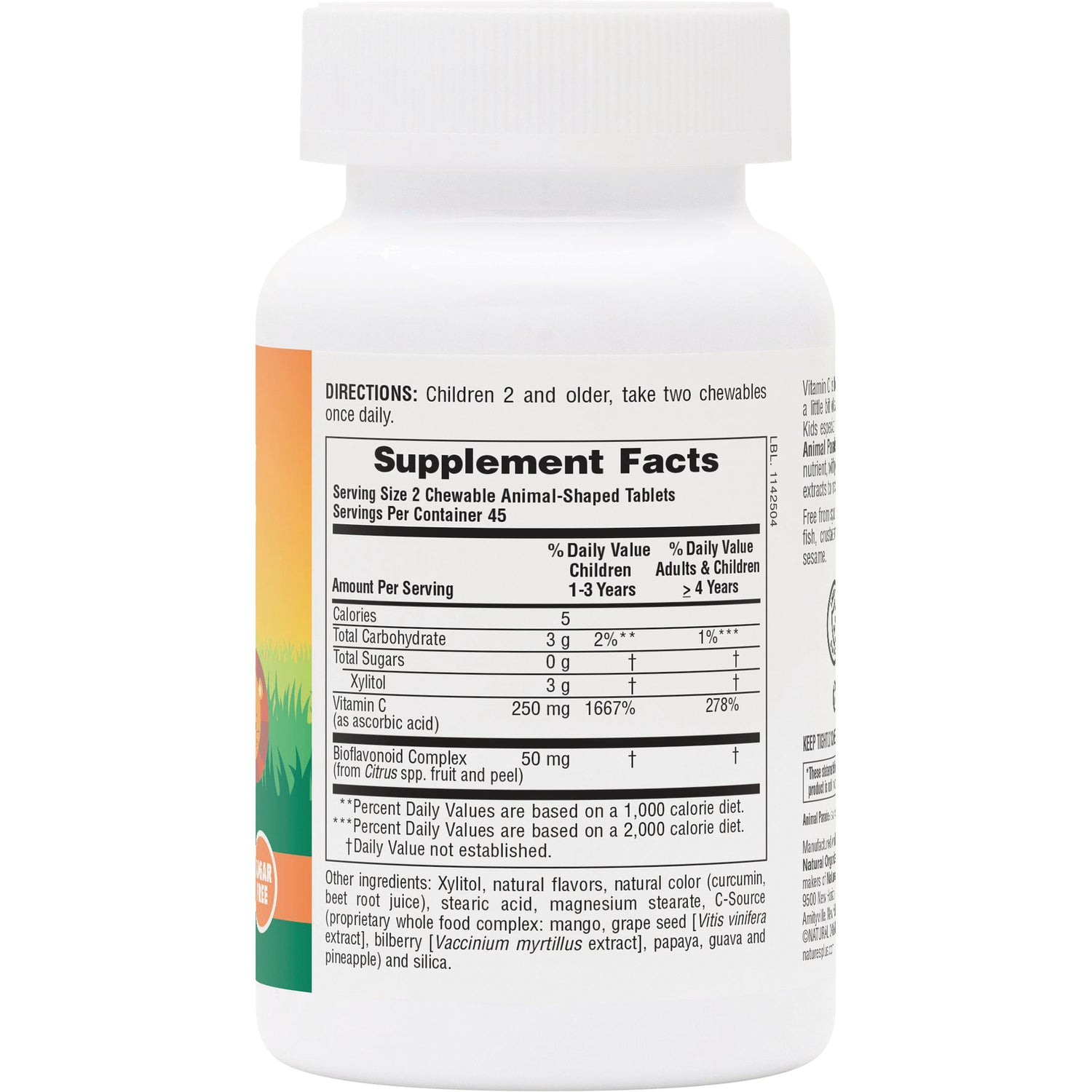 NTP261 | back of white supplement bottle showing Supplement Facts panel and directions for chewable animal-shaped tablets