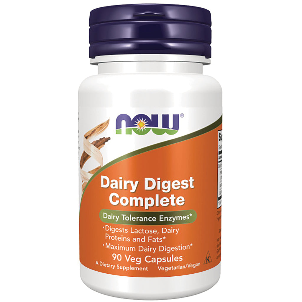 NWF670 | White bottle of NOW Dairy Digest Complete dietary supplement, 90 veg capsules, orange label - Thumbnail