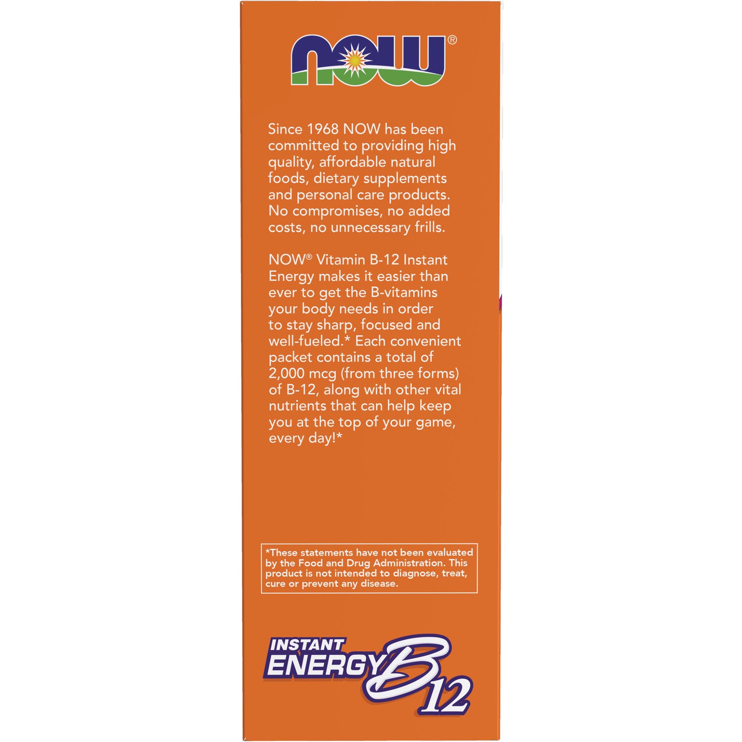 NWF024 | Back of orange NOW Vitamin B-12 Instant Energy box with product description and FDA disclaimer