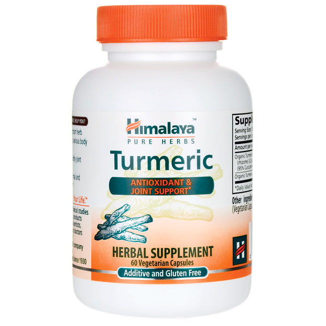 HHH026 | Himalaya Turmeric herbal supplement bottle, 60 vegetarian capsules, orange cap, antioxidant & joint support label