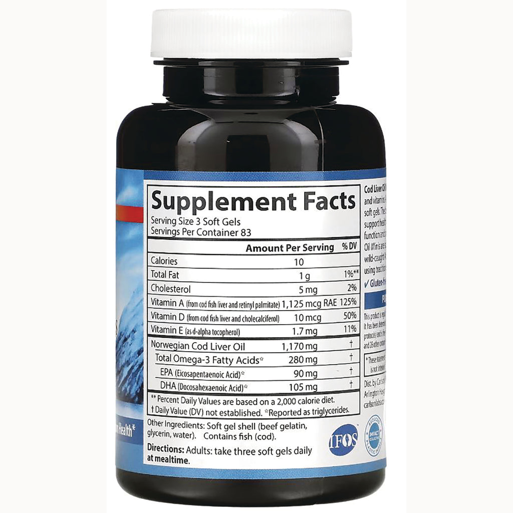 Supplement Facts label on back of cod liver oil bottle showing serving size, calories, omega-3 amounts and directions - Thumbnail