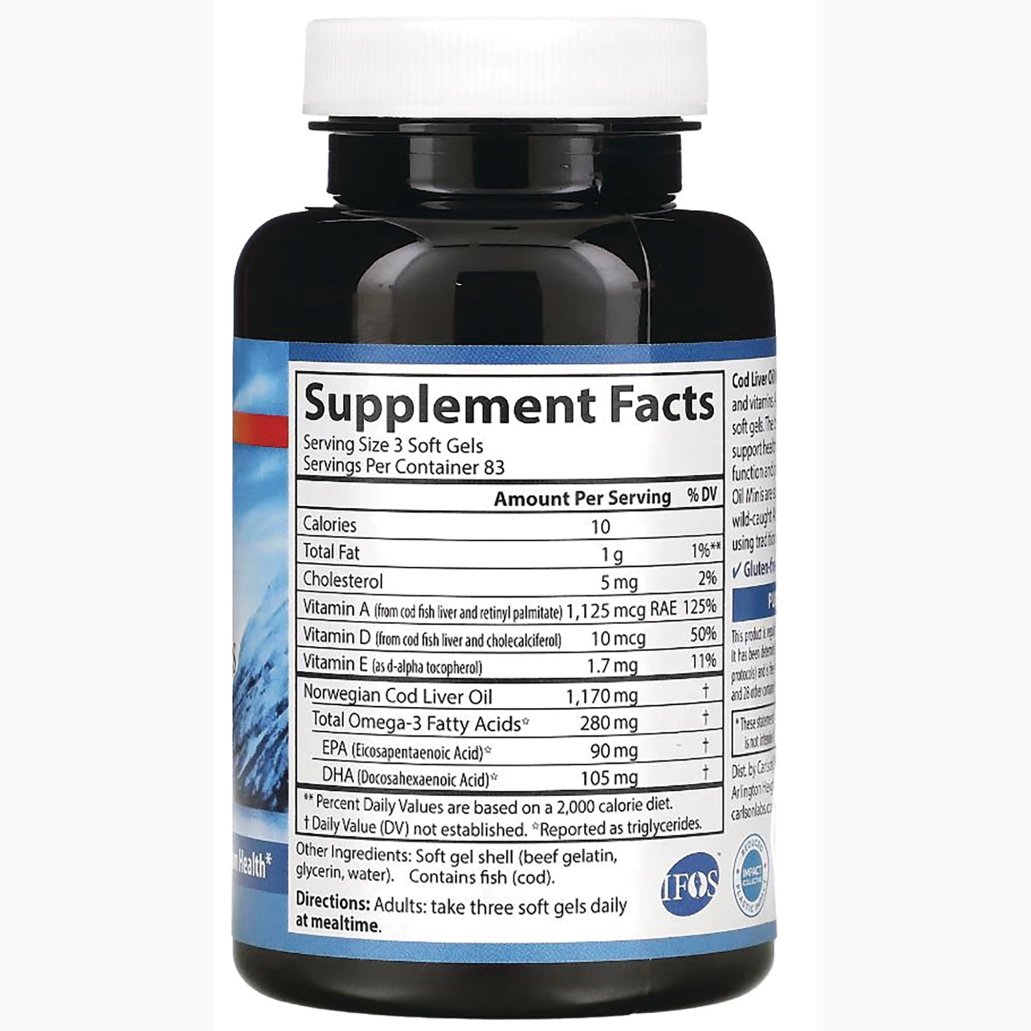 Supplement Facts label on back of cod liver oil bottle showing serving size, calories, omega-3 amounts and directions