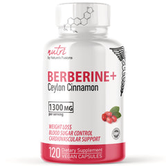 NFU001 | White supplement bottle labeled BERBERINE+ Ceylon Cinnamon 1300 MG per serving 120 vegan capsules front view