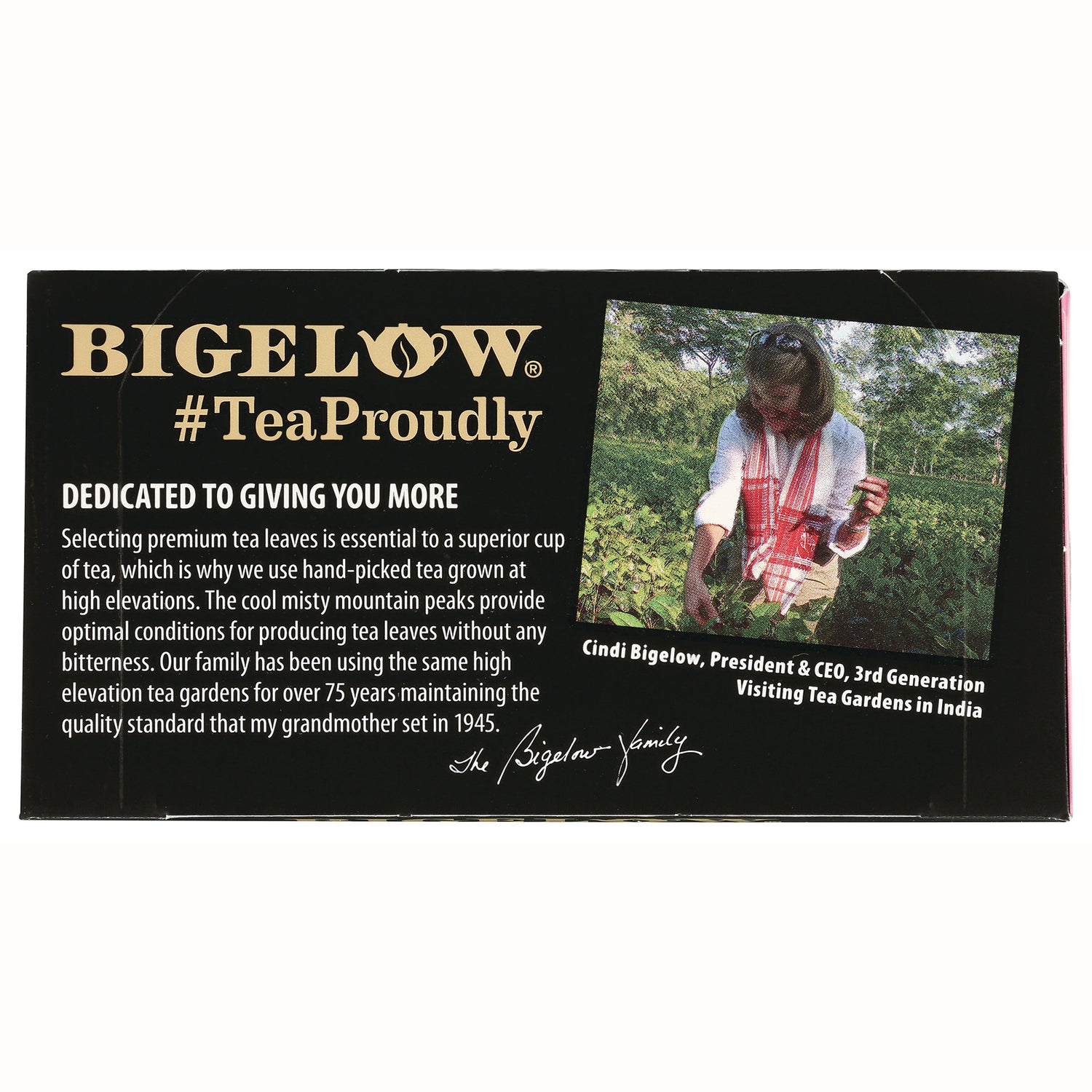 BGT019 | Bigelow #TeaProudly back panel with brand story text and photo of tea gardens in India