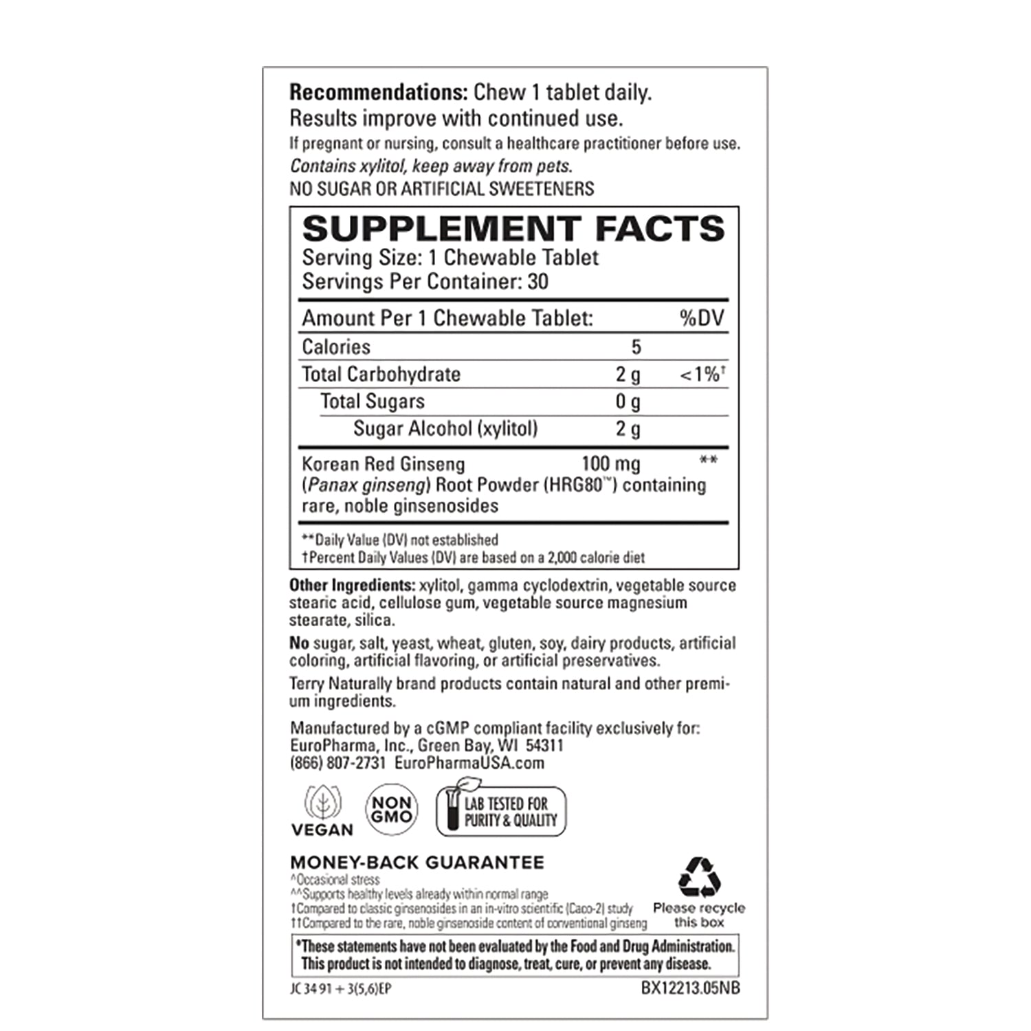 EUR066 | back label with Supplement Facts panel, ingredient list, dosage recommendations, and certification icons