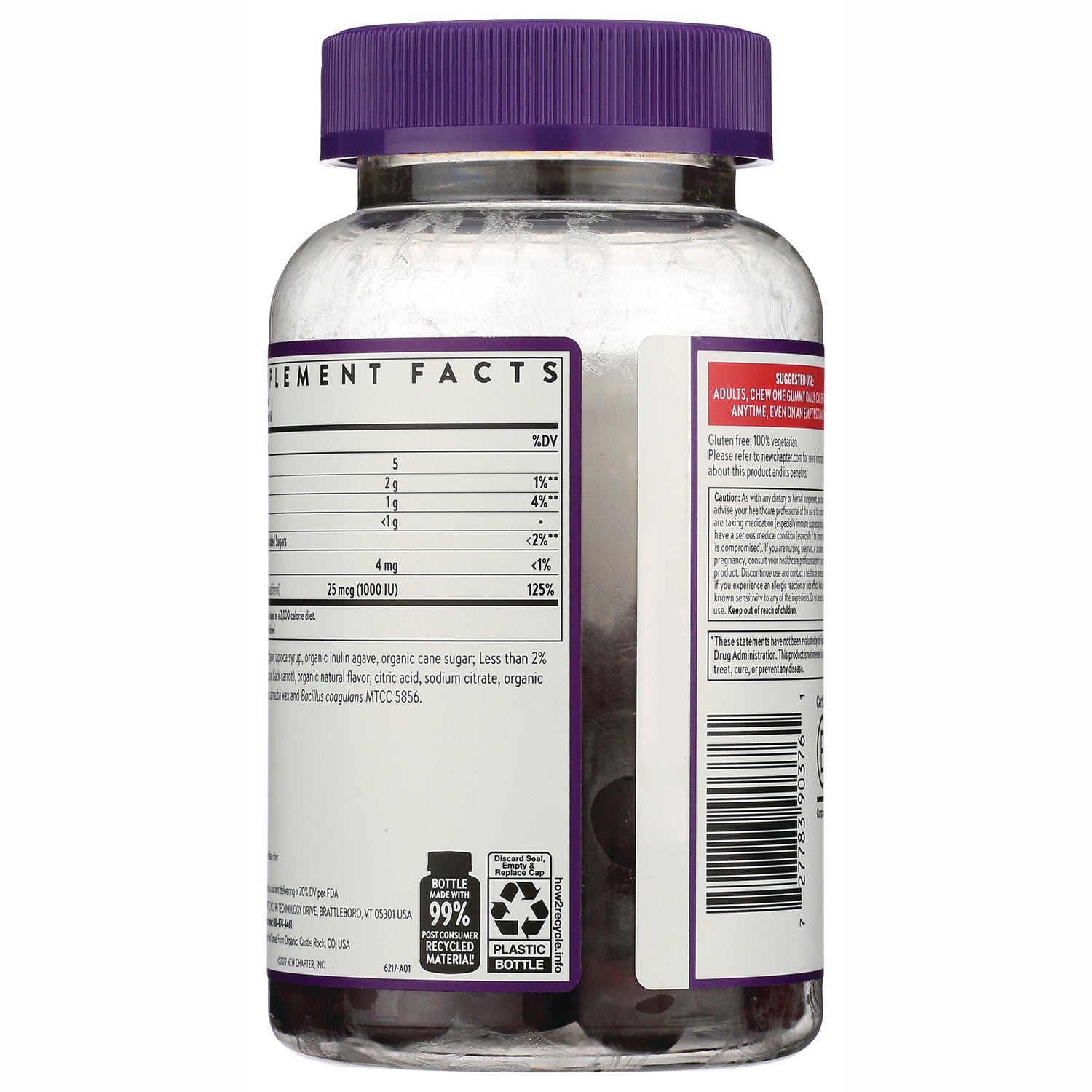 NWC387 | back of clear plastic supplement bottle showing supplement facts panel, directions panel, and barcode