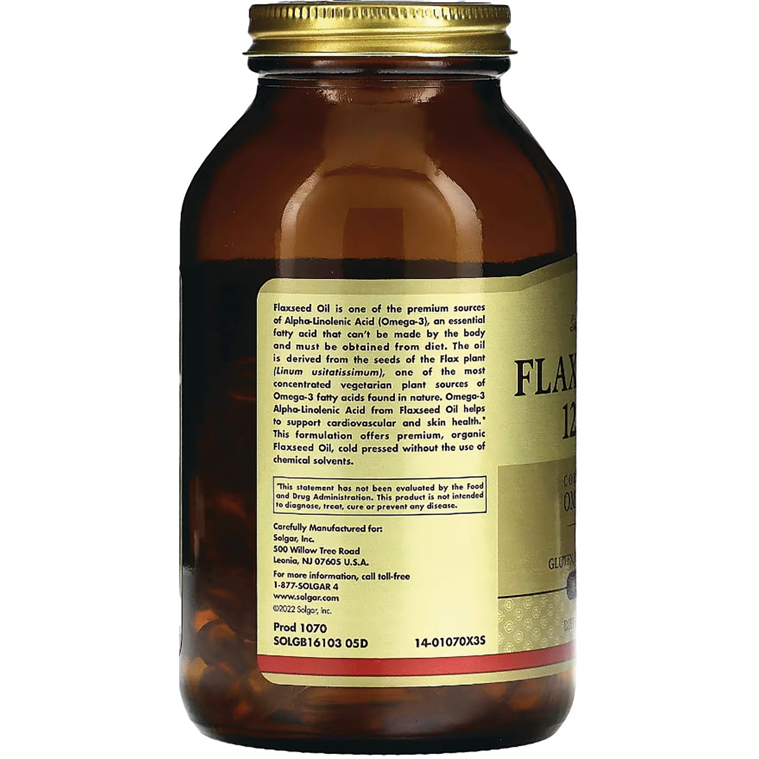 Brown glass bottle back label describing flaxseed oil benefits, ingredients, and manufacturer information