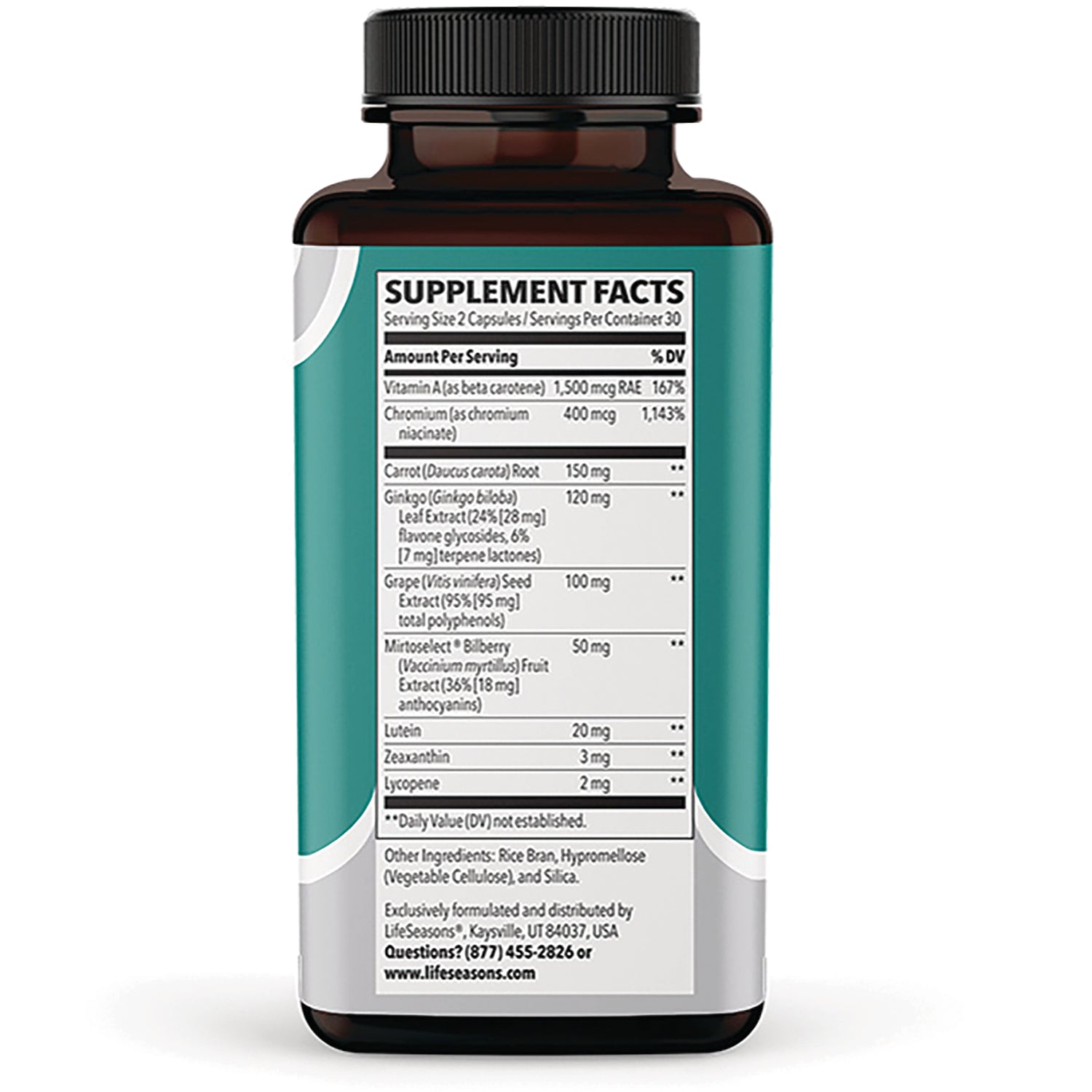 LSS006 | back label showing Supplement Facts and ingredients panel on teal supplement bottle