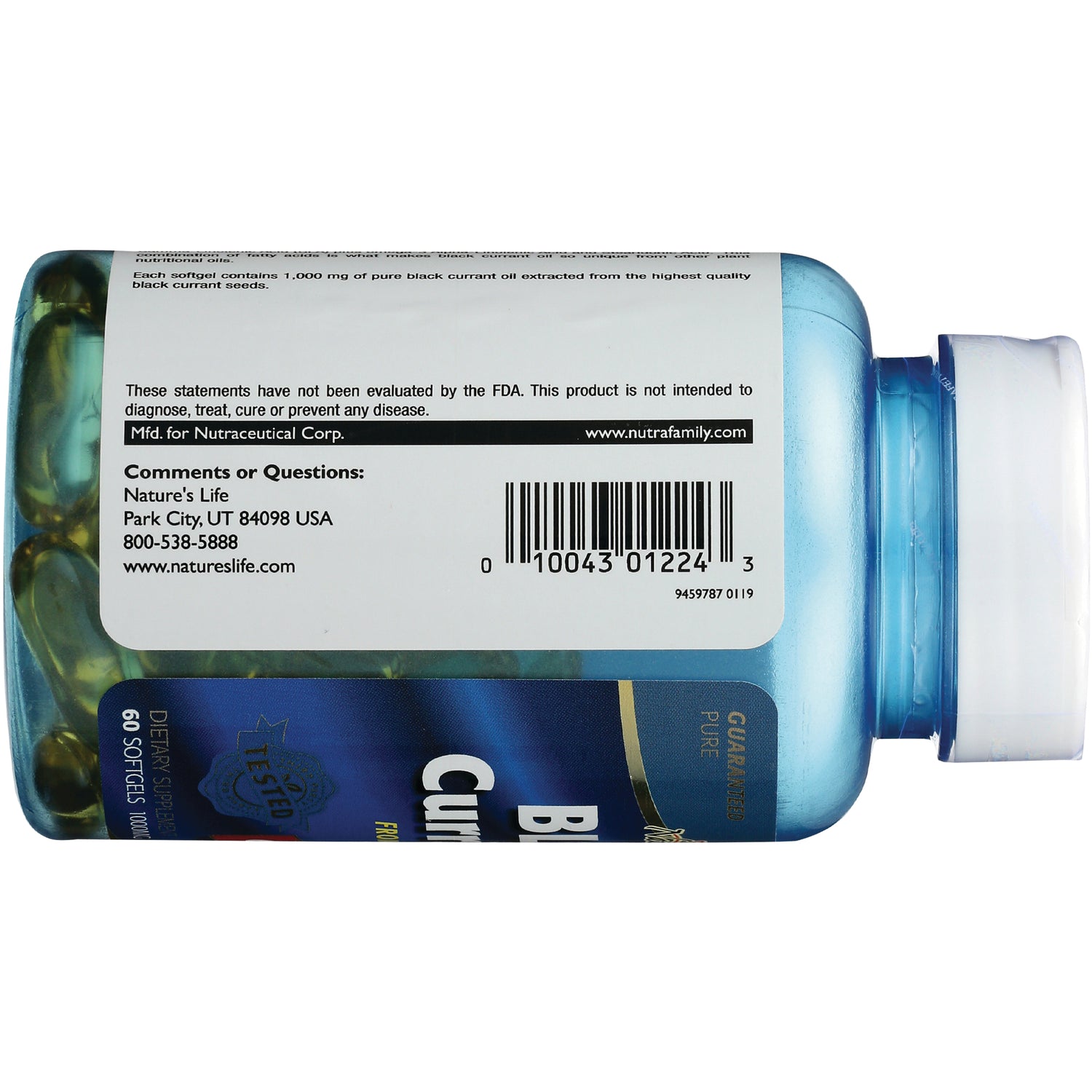 HS025 | back label and barcode on blue supplement bottle showing contact information and ingredient statement