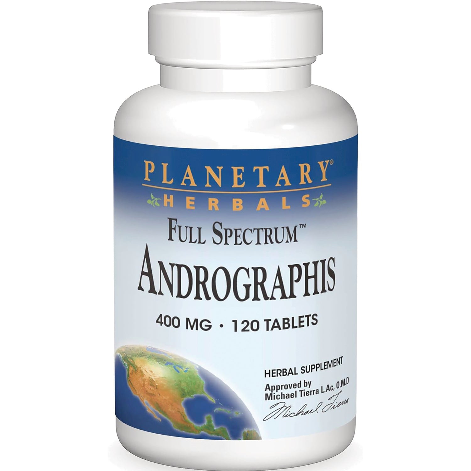 PF054 | Planetary Herbals Full Spectrum Andrographis 400 mg 120 tablets white supplement bottle front label