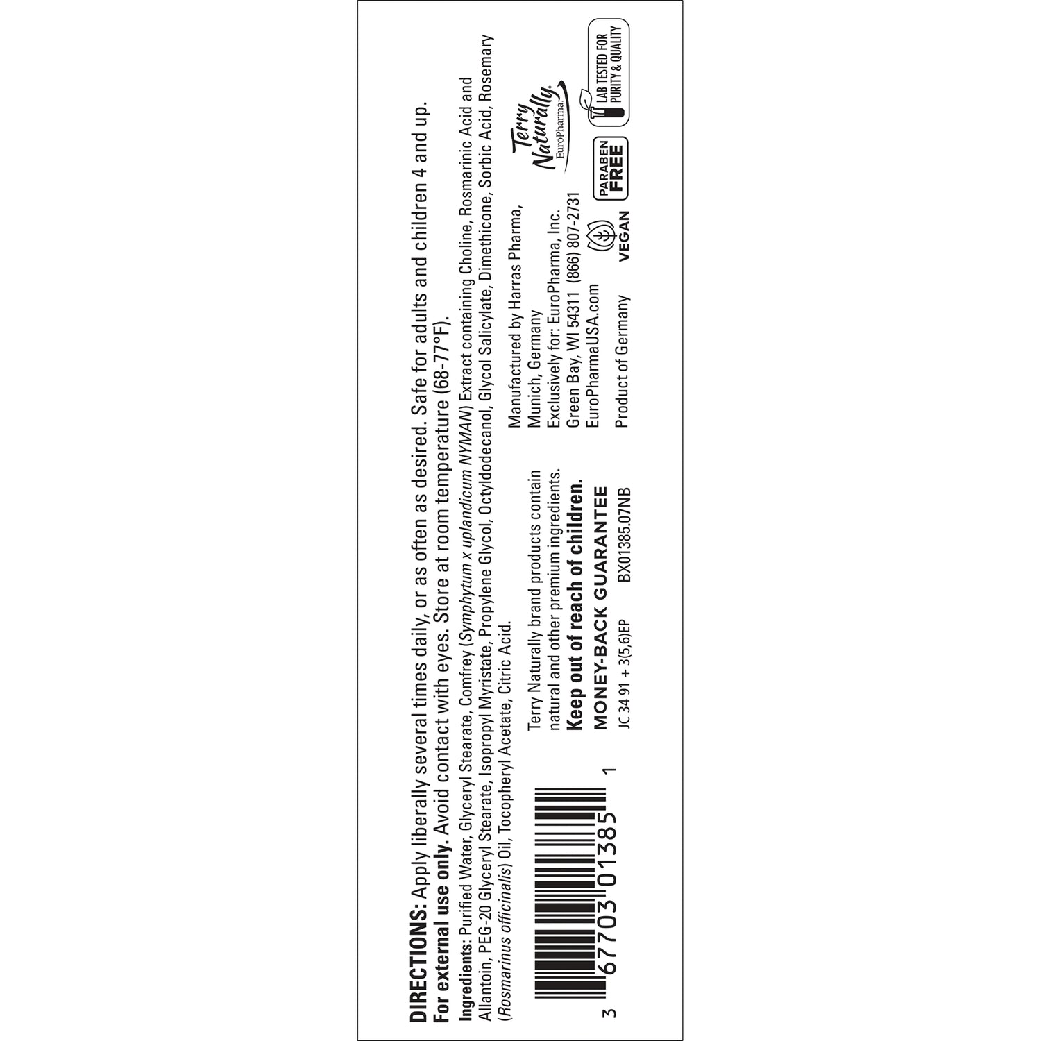 EUR029 | back label showing directions, ingredients list, barcode and certification logos