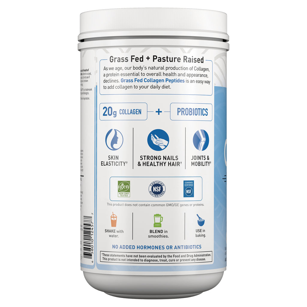 GLF279 | back label showing 20g collagen plus probiotics, benefits for skin, hair, joints, usage icons and certifications - Thumbnail
