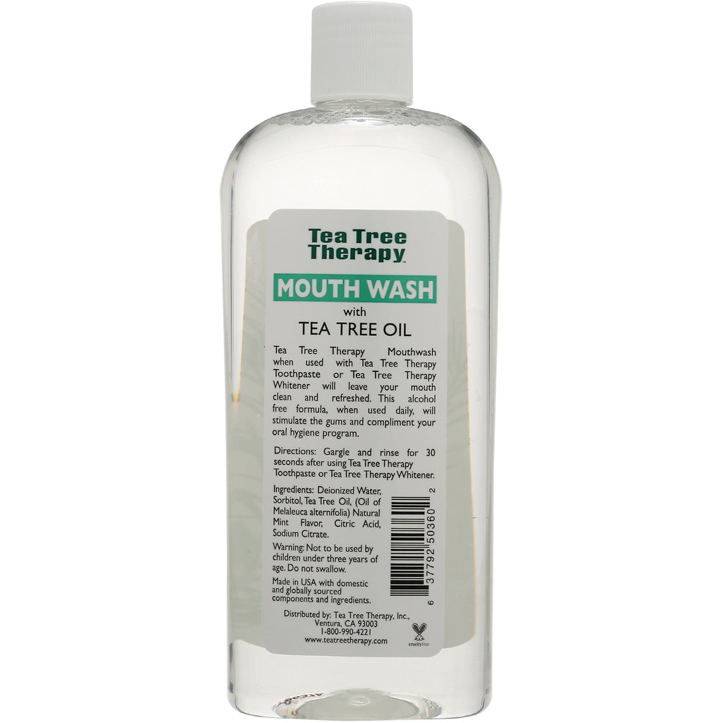TTT006 | Back of Tea Tree Therapy Mouth Wash with Tea Tree Oil bottle showing directions and ingredients - Thumbnail