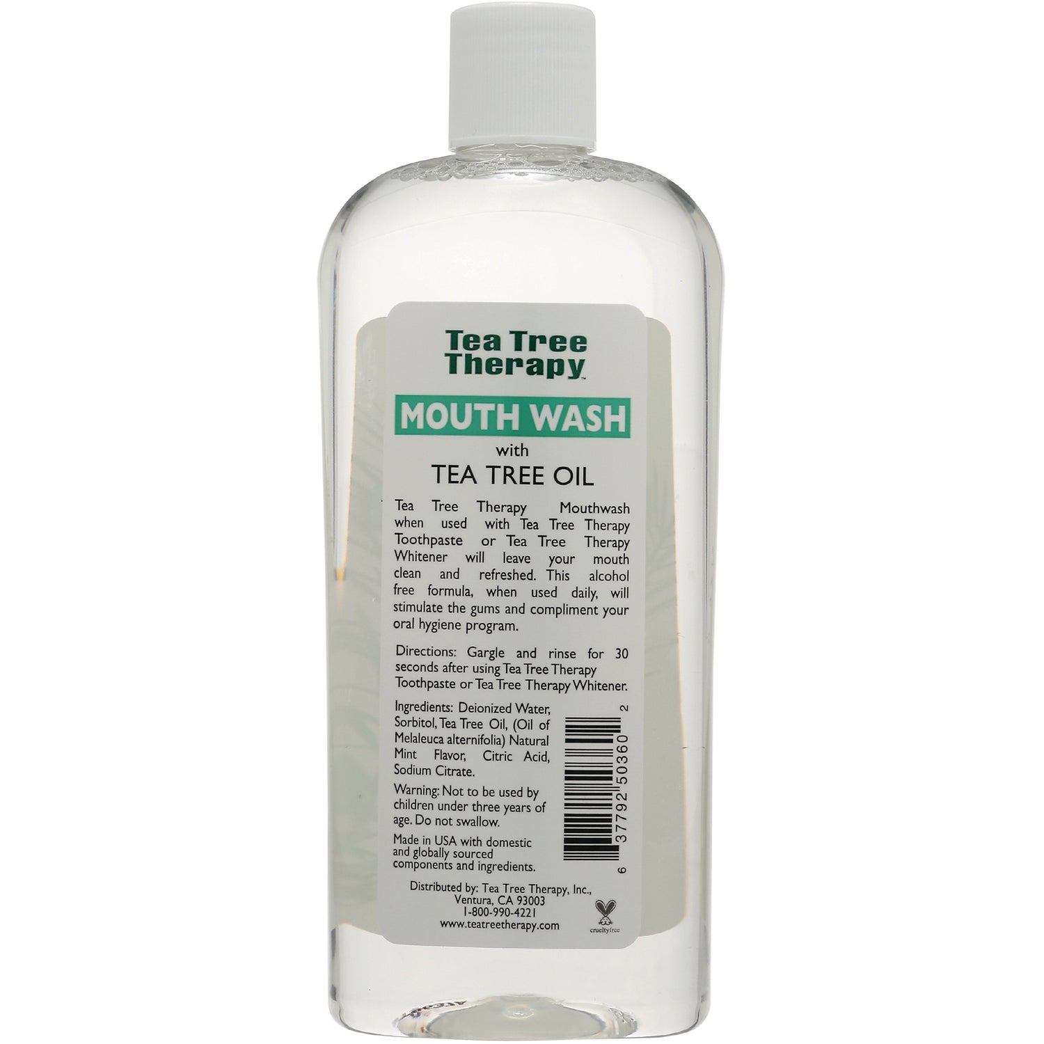 TTT006 | Back of Tea Tree Therapy Mouth Wash with Tea Tree Oil bottle showing directions and ingredients
