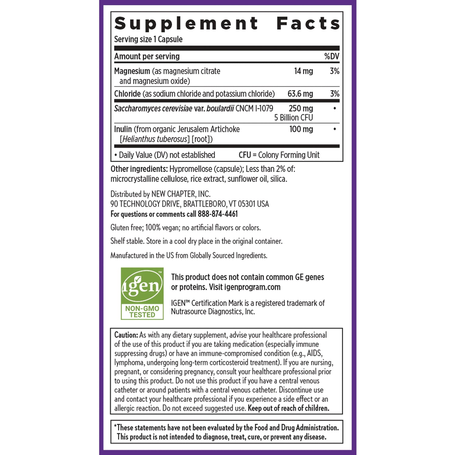 NWC395 | Back label showing Supplement Facts panel, ingredients, distributor info, caution box and non-GMO logo