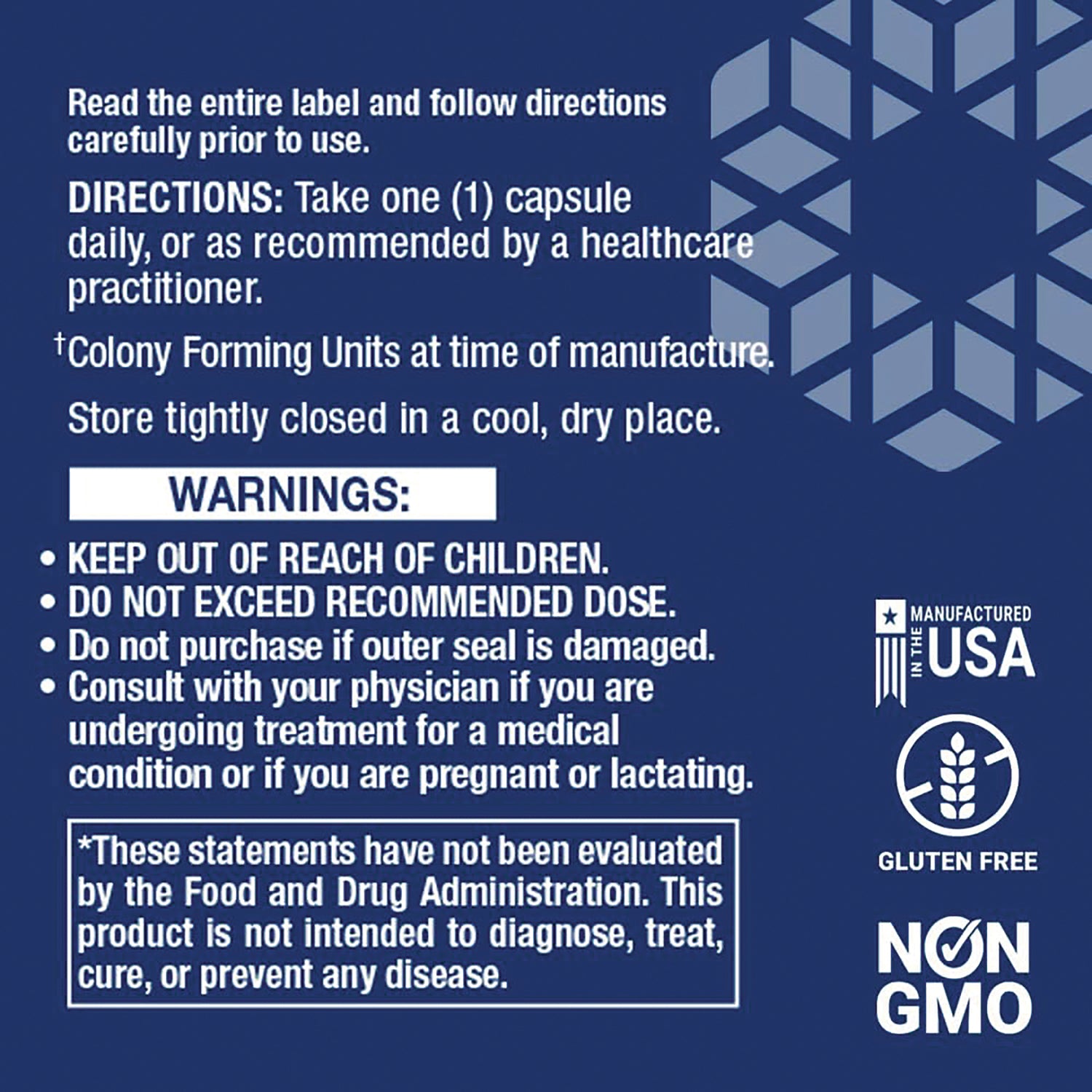 LE327 | Back label with directions to take one capsule daily, warnings to keep out of reach of children, gluten free and non-GMO icons