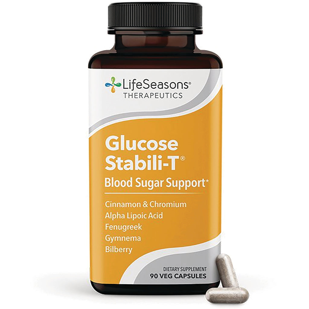 LSS003 | LifeSeasons Glucose Stabili-T blood sugar support supplement bottle front with two gray capsules - Thumbnail