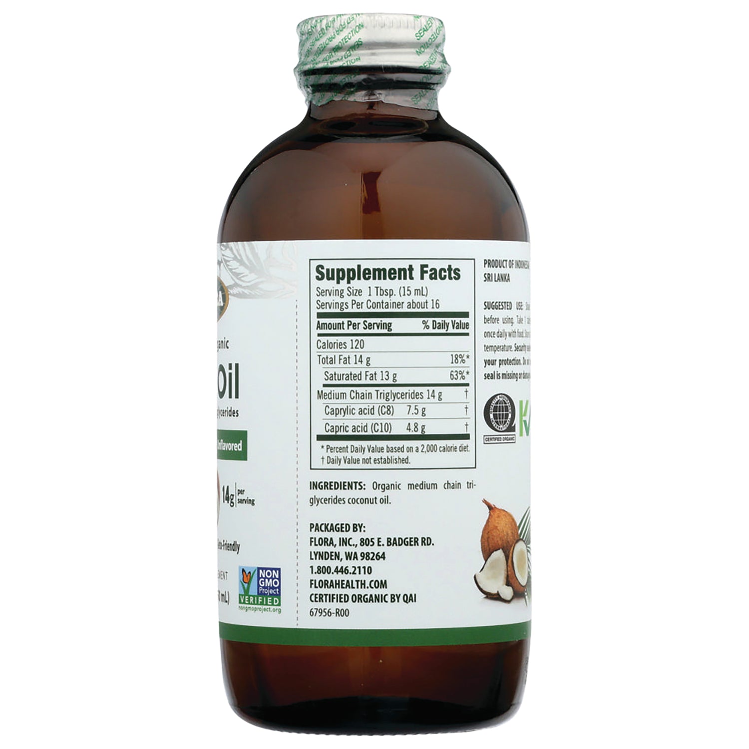 FL115 | Back of brown bottle showing Supplement Facts panel, ingredients, packaging details and coconut illustration