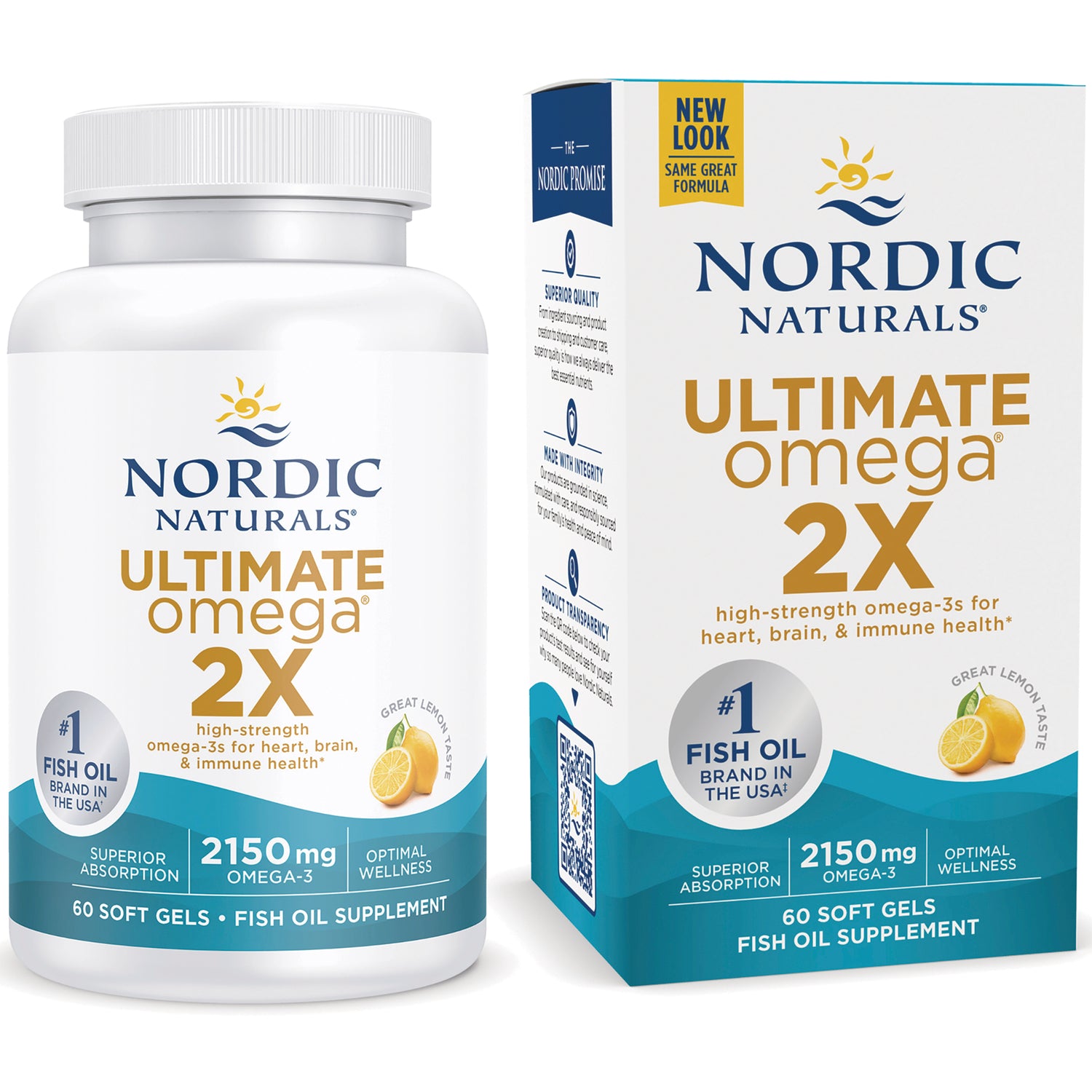 NRN123 | Nordic Naturals Ultimate Omega 2X fish oil bottle and box, lemon flavor, 60 soft gels