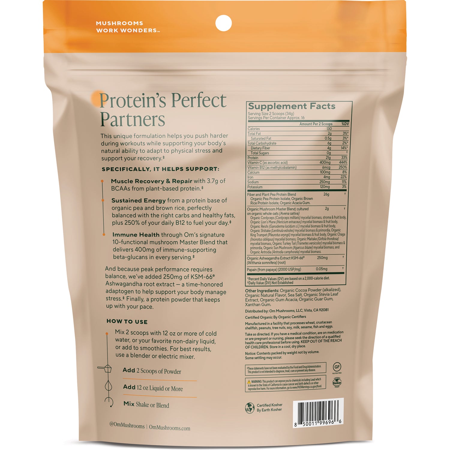 MMX049 | Back of brown and white resealable pouch showing Supplement Facts and product information