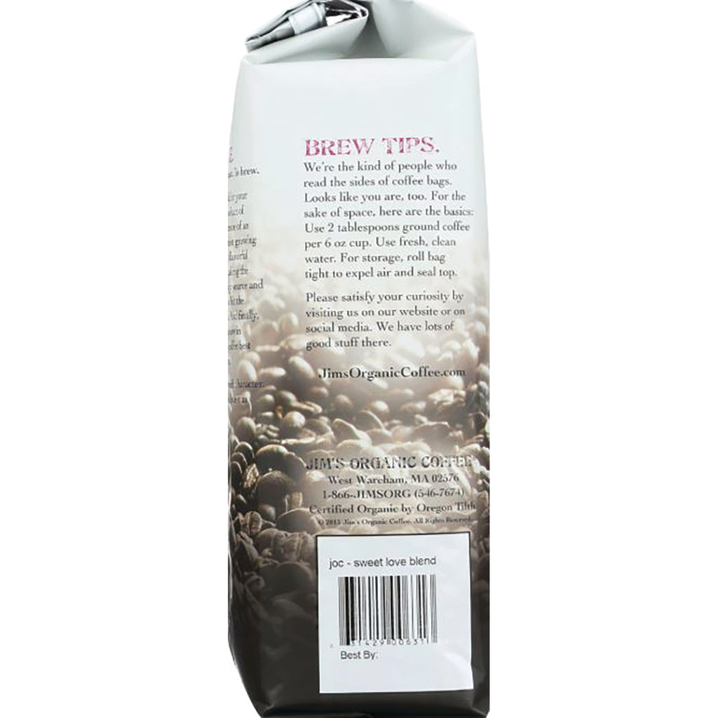 JOC003 | back of coffee bag showing brew tips, barcode, and coffee bean background labeled joc - sweet love blend - Thumbnail