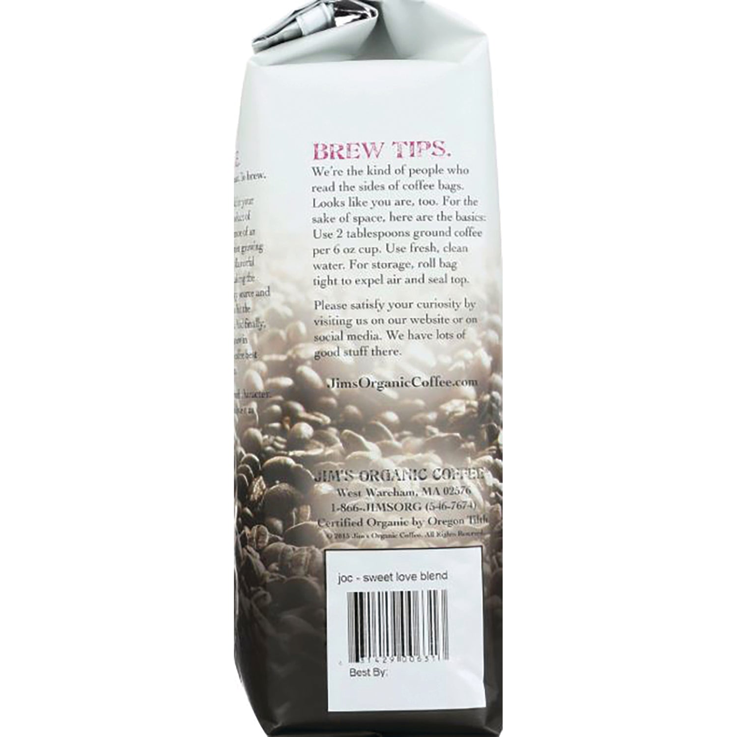JOC003 | back of coffee bag showing brew tips, barcode, and coffee bean background labeled joc - sweet love blend