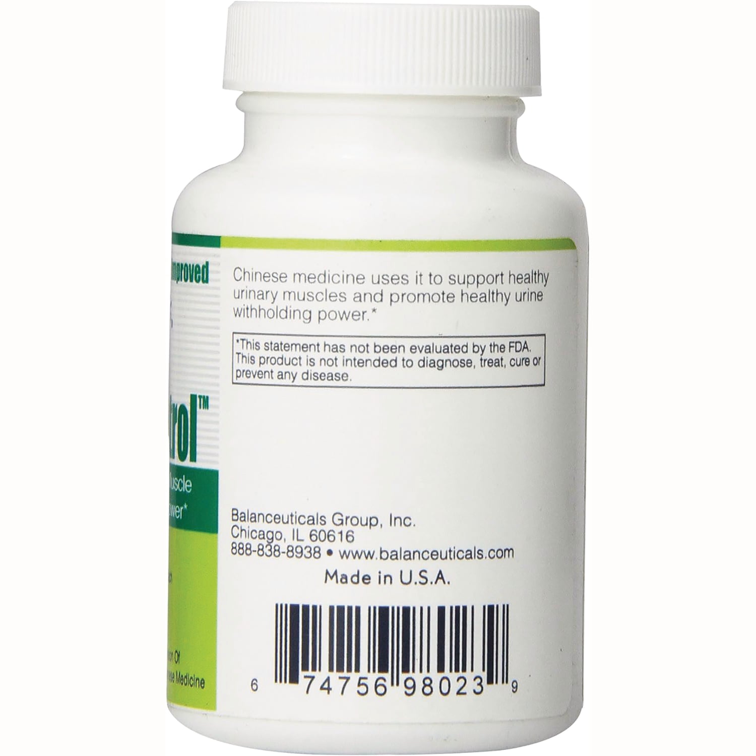 BAL001 | Back of white supplement bottle showing barcode, 'Made in U.S.A.' and FDA disclaimer text