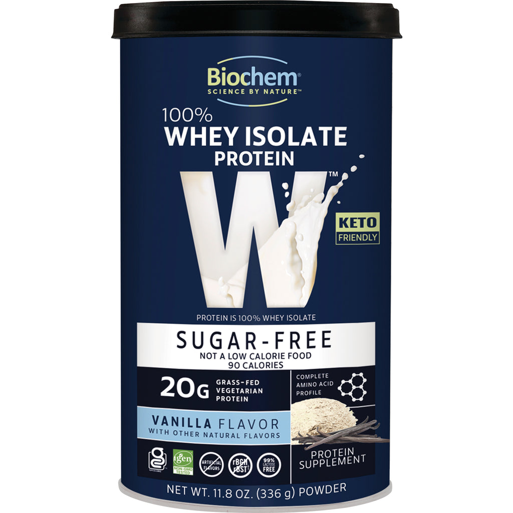 CRL590 | Blue canister of Biochem 100% whey isolate protein, sugar-free vanilla flavor, 20g protein - Thumbnail