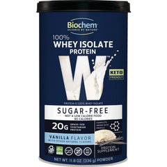CRL590 | Blue canister of Biochem 100% whey isolate protein, sugar-free vanilla flavor, 20g protein