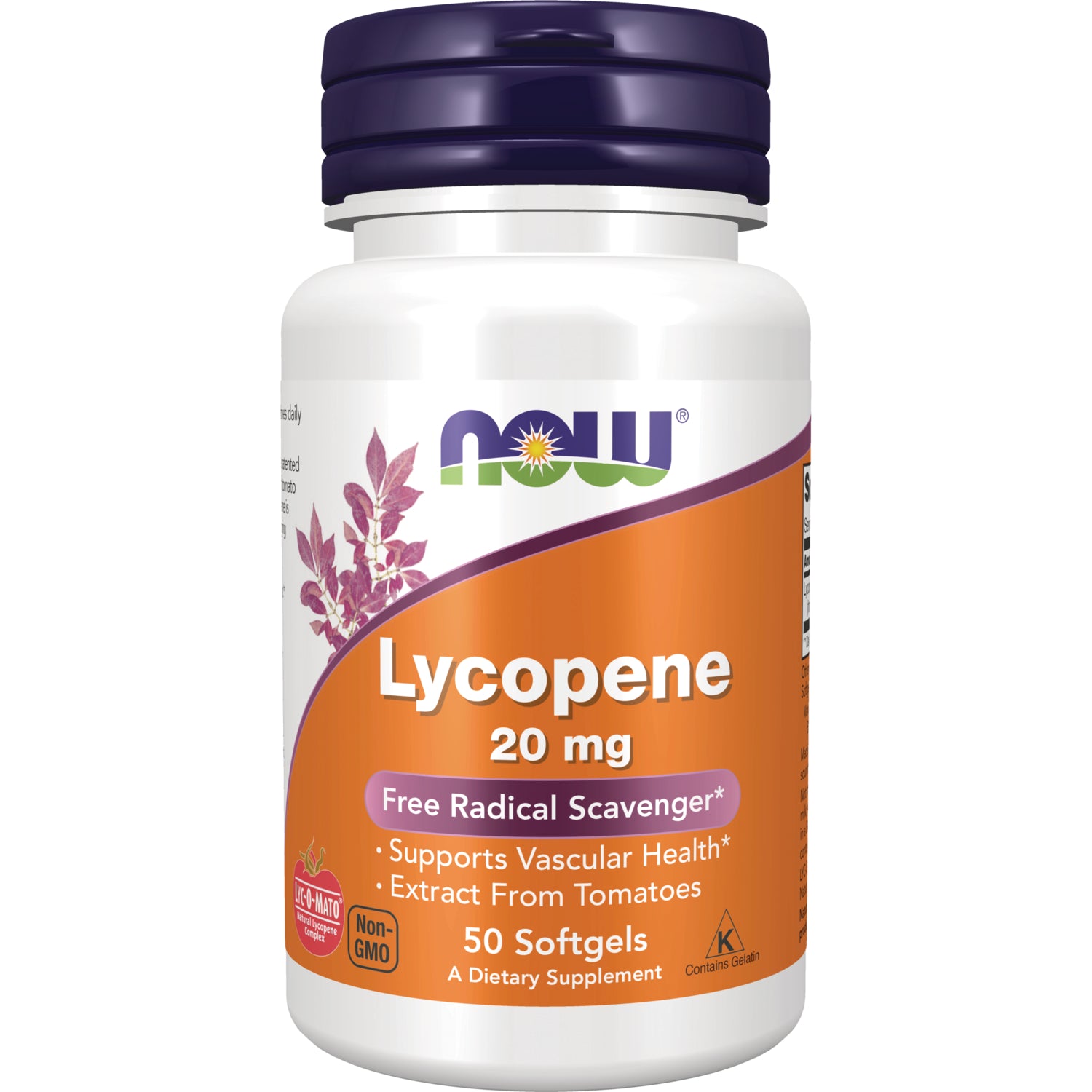 NWF619 | NOW Lycopene 20 mg bottle, orange label, 50 softgels dietary supplement