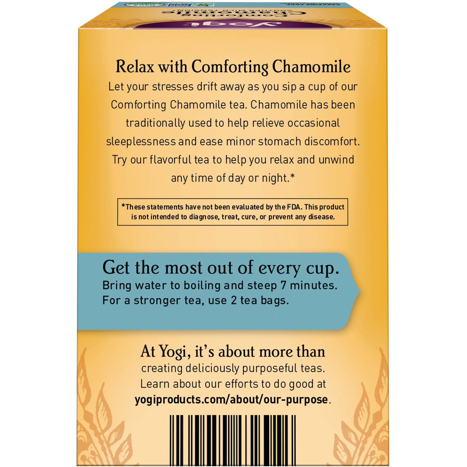 AHW026 | Back of Yogi Comforting Chamomile tea box with relaxation message, steeping directions, and barcode