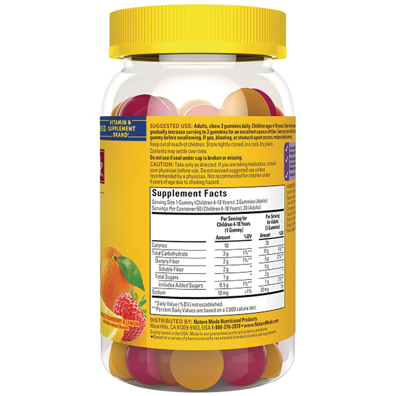 NTM157 | Back of gummy supplement bottle showing supplement facts label, usage directions, and fruit graphics