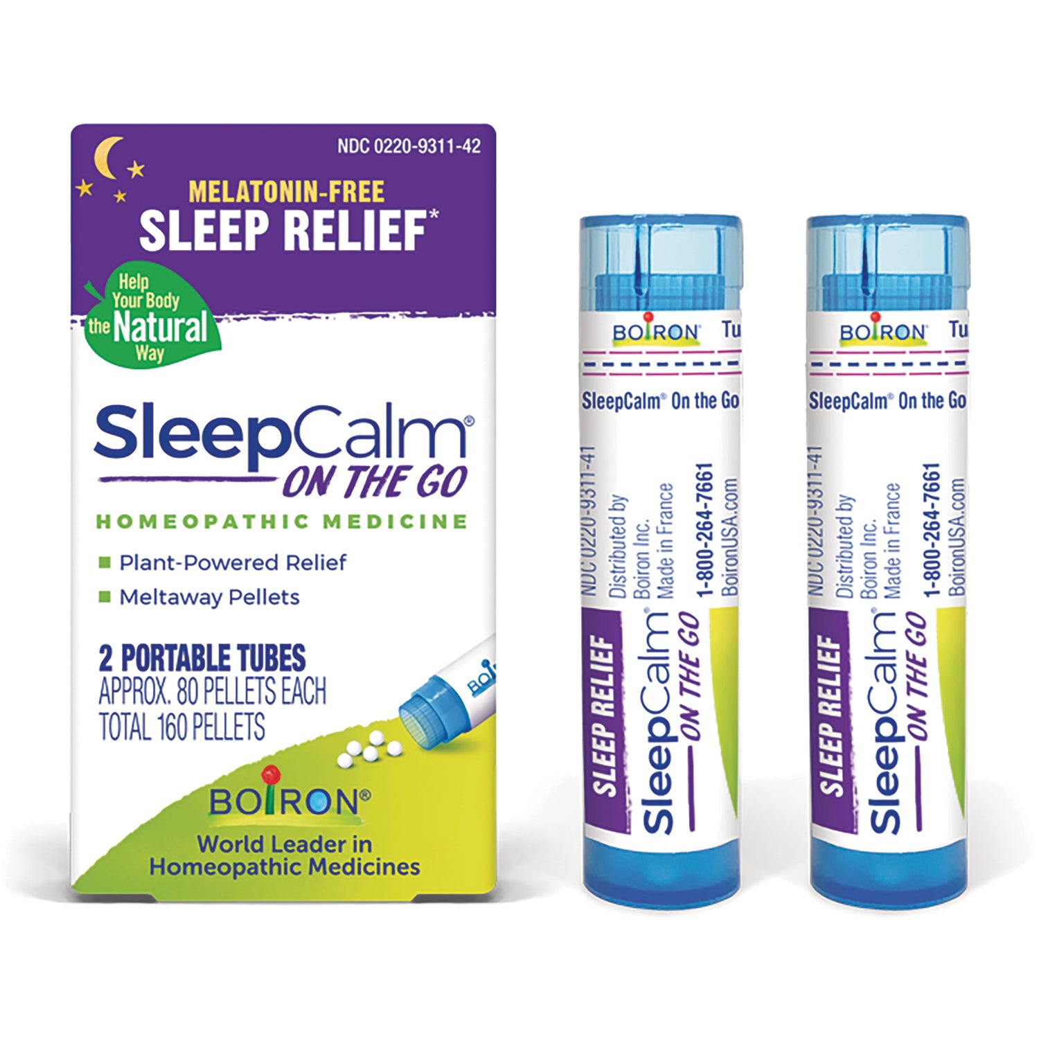 BRN129 | SleepCalm On The Go homeopathic sleep relief box and two portable tubes, melatonin-free meltaway pellets