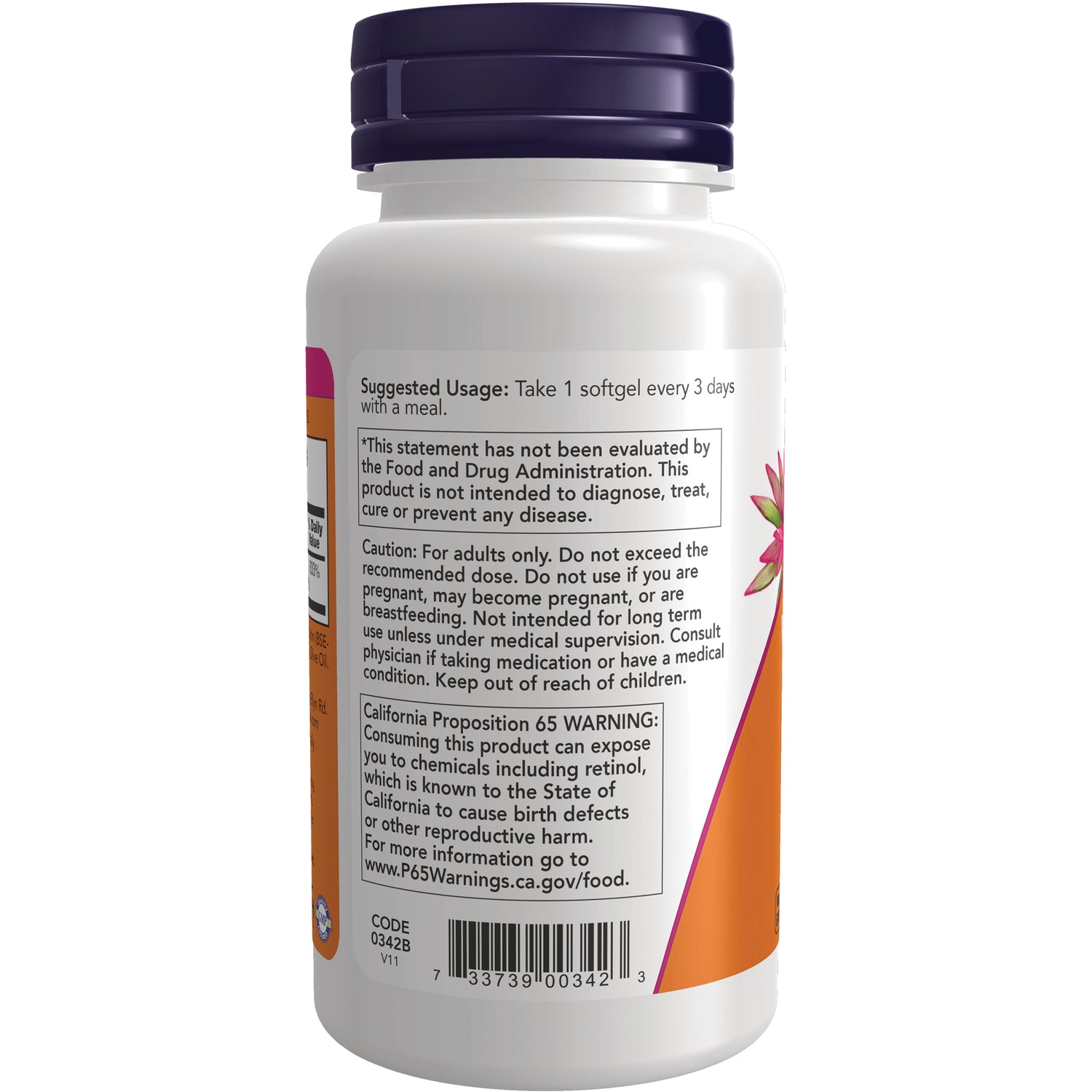 NWF364 | Back of white supplement bottle showing suggested usage, caution and California Proposition 65 warning panels and barcode